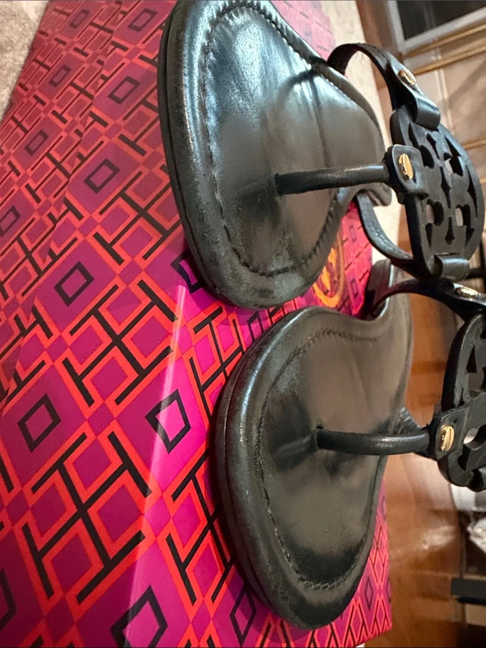Tory Burch Black Miller Logo Leather Thong Sandals